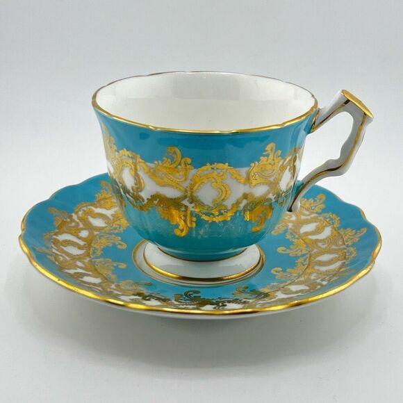 Vintage AYNSLEY England Tea Cup and Saucer Set #1215 Turqouise w/Gold Details - Picture 1 of 5